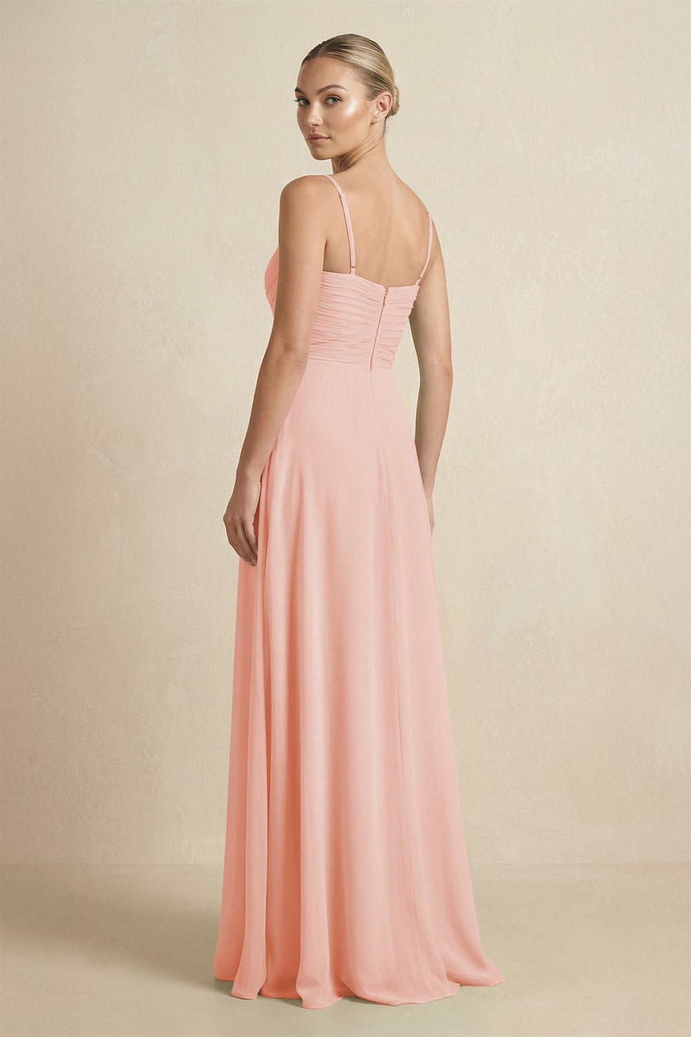 V - Neck A - Line Chiffon Pleated Bridesmaid Dress in Rose Petal - KissProm Bridesmaid Dresses