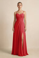 V - Neck A - Line Chiffon Pleated Bridesmaid Dress in Ruby Red - KissProm Bridesmaid Dresses