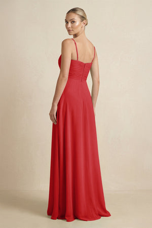 V - Neck A - Line Chiffon Pleated Bridesmaid Dress in Ruby Red - KissProm Bridesmaid Dresses