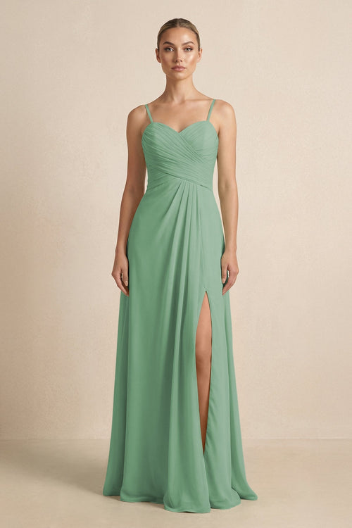 V - Neck A - Line Chiffon Pleated Bridesmaid Dress in Sea Glass - KissProm Bridesmaid Dresses