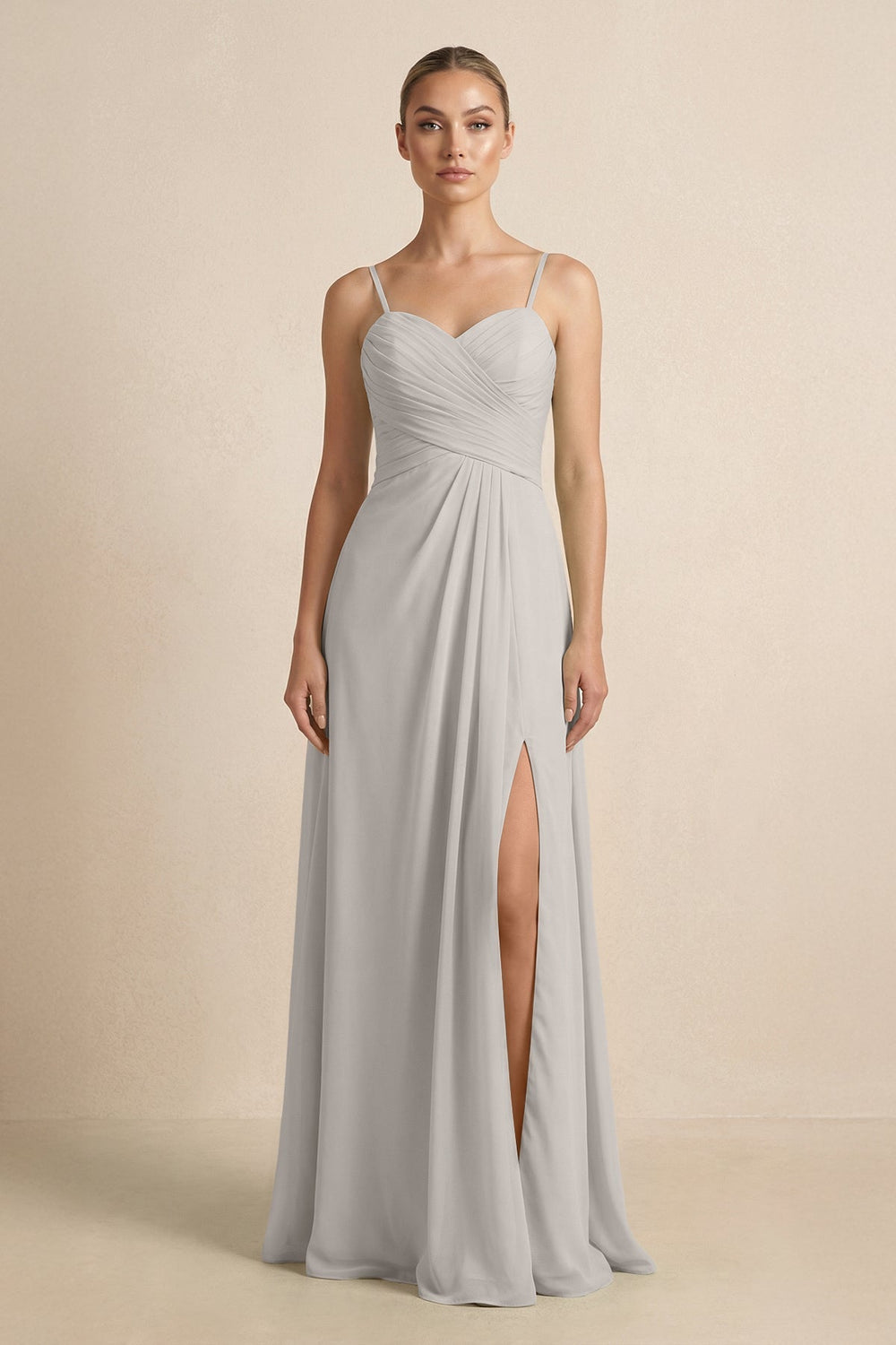 V - Neck A - Line Chiffon Pleated Bridesmaid Dress in Silver - KissProm Bridesmaid Dresses