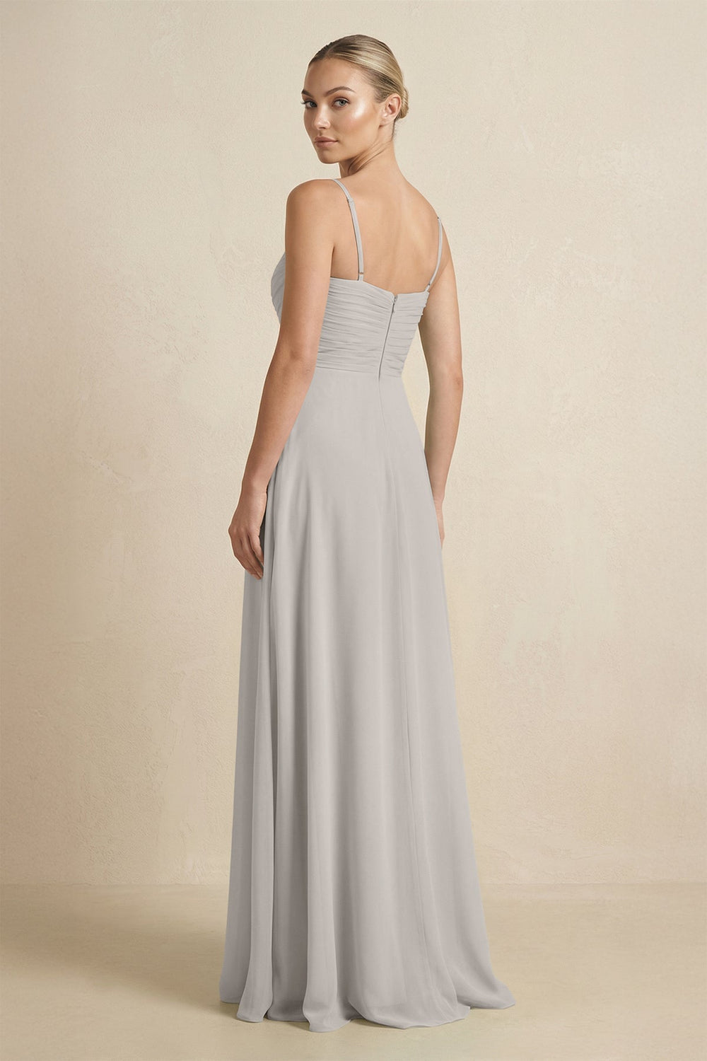 V - Neck A - Line Chiffon Pleated Bridesmaid Dress in Silver - KissProm Bridesmaid Dresses