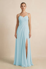 V - Neck A - Line Chiffon Pleated Bridesmaid Dress in Sky Blue - KissProm Bridesmaid Dresses