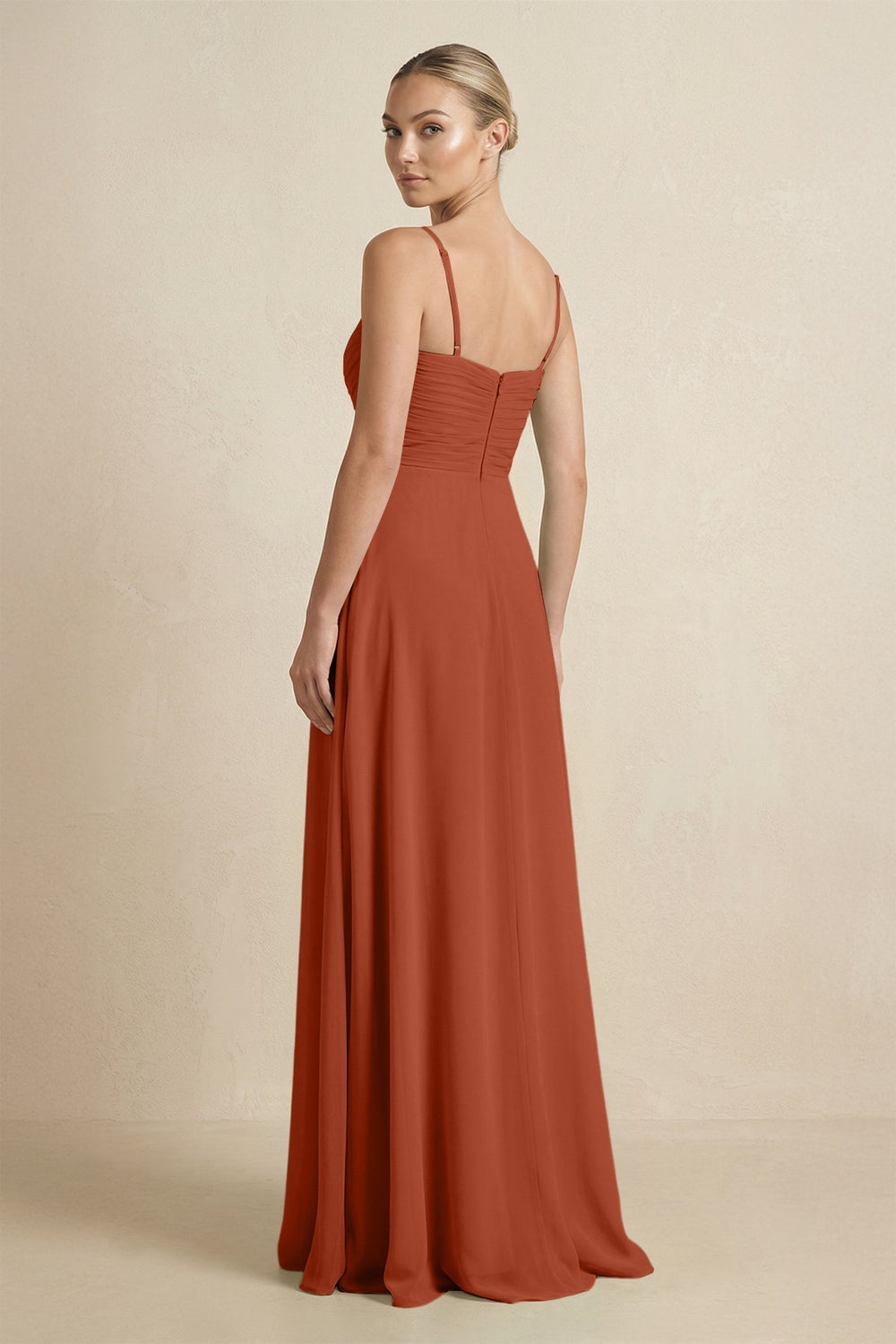 V - Neck A - Line Chiffon Pleated Bridesmaid Dress in Spice - KissProm Bridesmaid Dresses