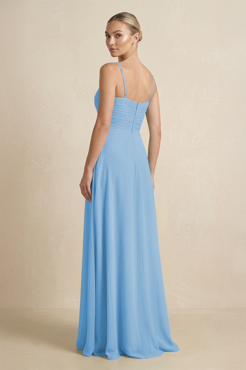 V - Neck A - Line Chiffon Pleated Bridesmaid Dress in Steel Blue - KissProm Bridesmaid Dresses