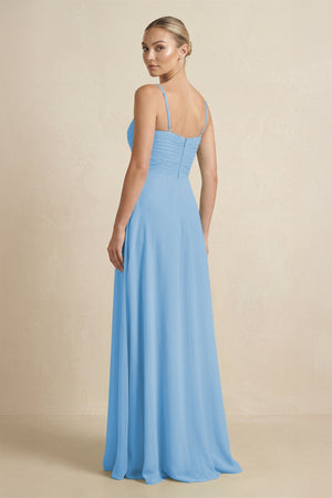 V - Neck A - Line Chiffon Pleated Bridesmaid Dress in Steel Blue - KissProm Bridesmaid Dresses