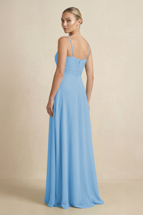 V - Neck A - Line Chiffon Pleated Bridesmaid Dress in Steel Blue - KissProm Bridesmaid Dresses
