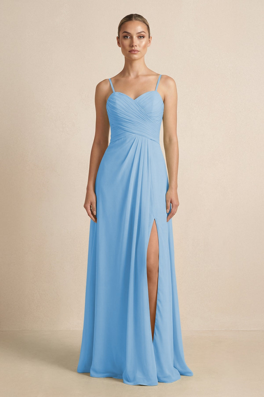V - Neck A - Line Chiffon Pleated Bridesmaid Dress in Steel Blue - KissProm Bridesmaid Dresses