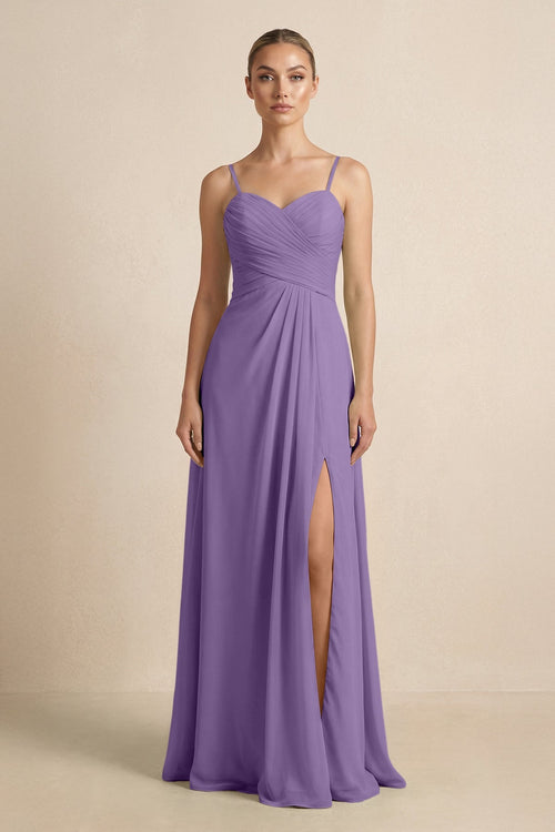 V - Neck A - Line Chiffon Pleated Bridesmaid Dress in Tahiti - KissProm Bridesmaid Dresses
