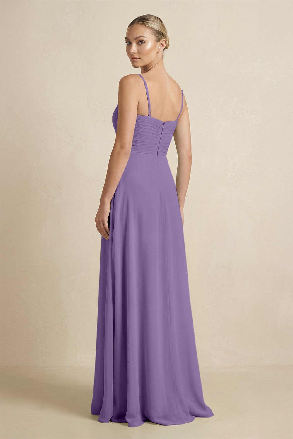 V - Neck A - Line Chiffon Pleated Bridesmaid Dress in Tahiti - KissProm Bridesmaid Dresses