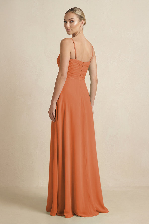 V - Neck A - Line Chiffon Pleated Bridesmaid Dress in Terracotta - KissProm Bridesmaid Dresses