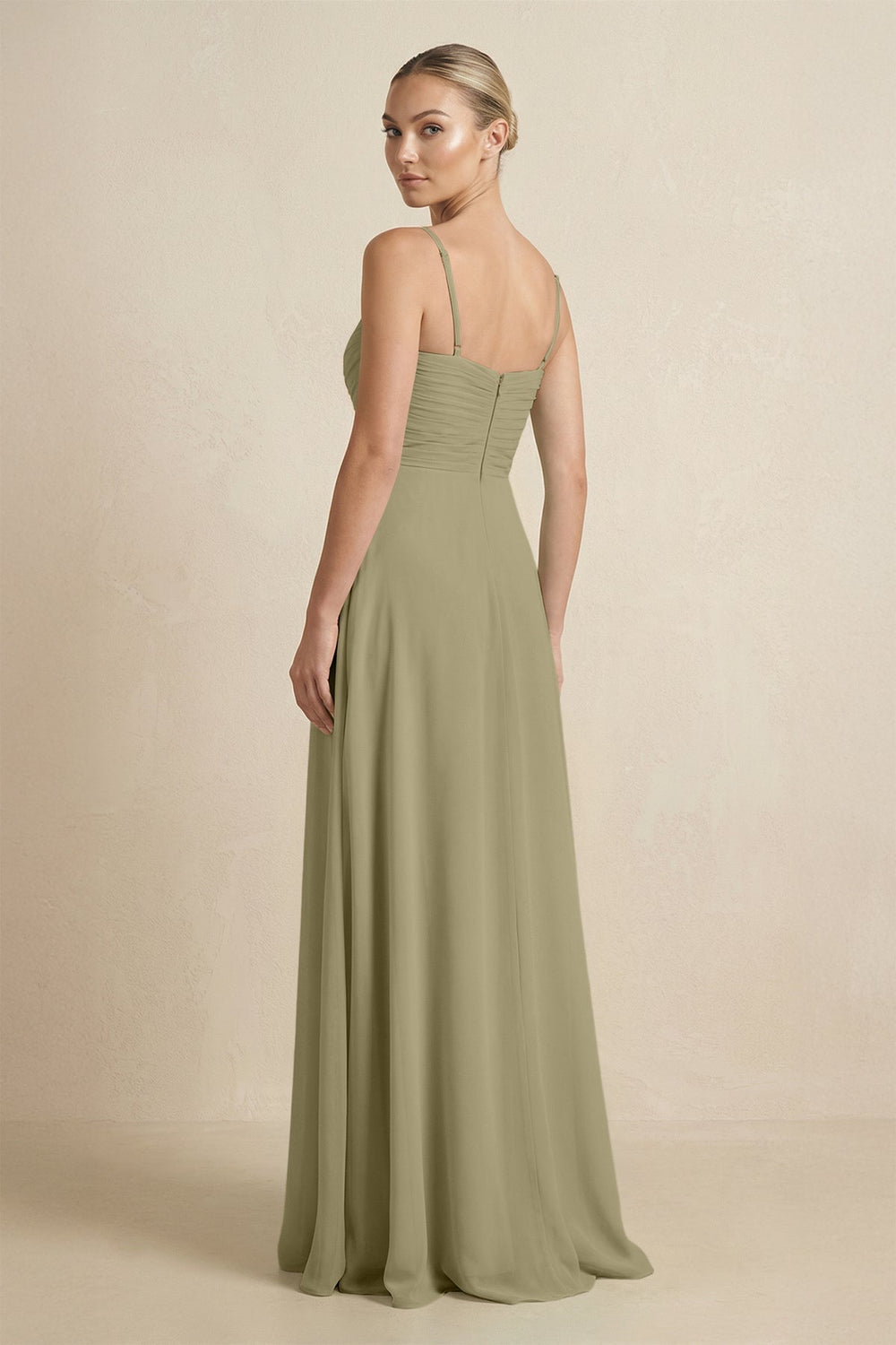 V - Neck A - Line Chiffon Pleated Bridesmaid Dress in Thyme - KissProm Bridesmaid Dresses