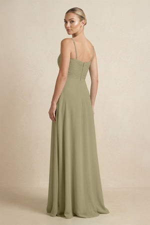 V - Neck A - Line Chiffon Pleated Bridesmaid Dress in Thyme - KissProm Bridesmaid Dresses