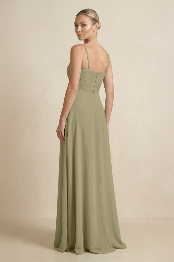 V - Neck A - Line Chiffon Pleated Bridesmaid Dress in Thyme - KissProm Bridesmaid Dresses