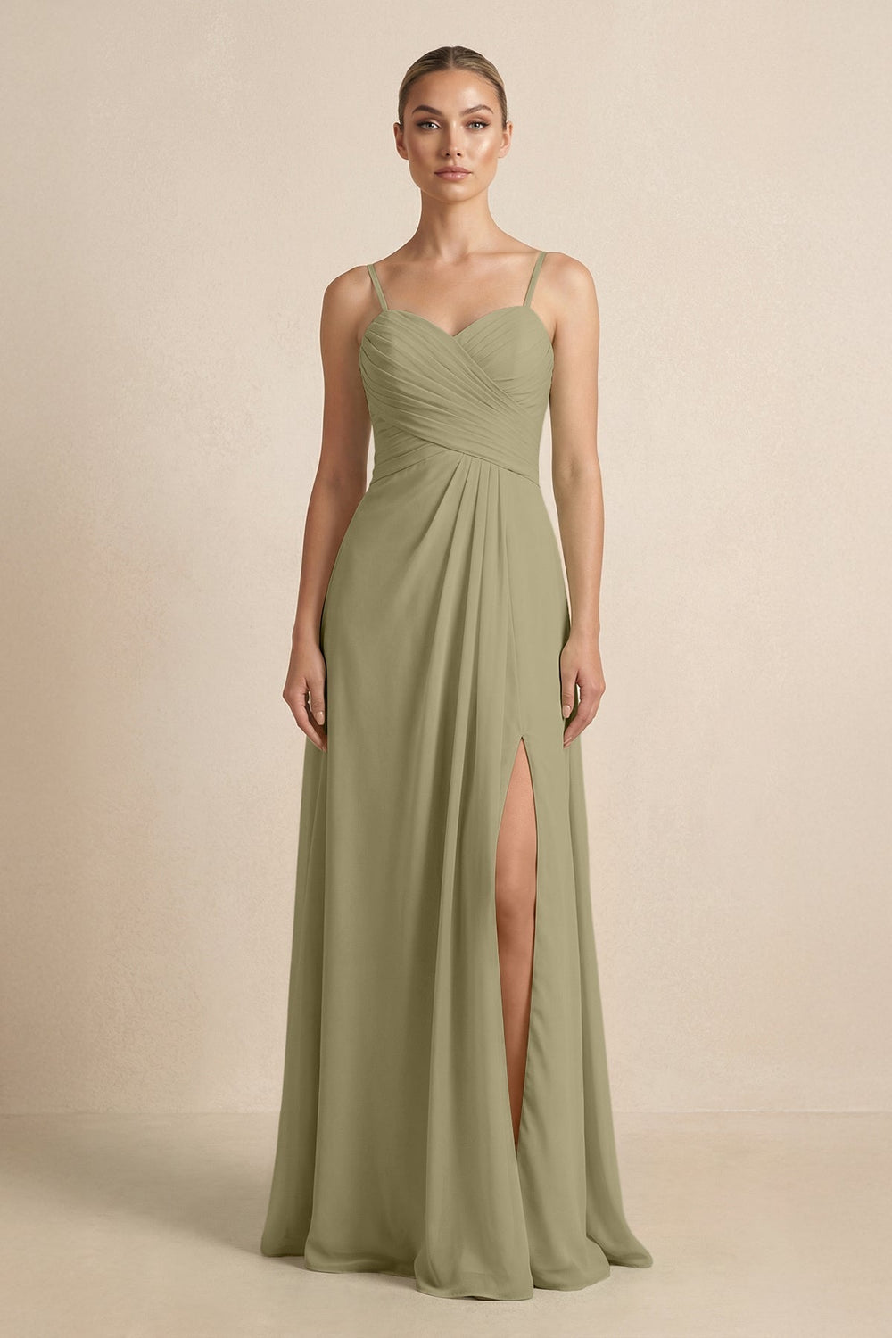 V - Neck A - Line Chiffon Pleated Bridesmaid Dress in Thyme - KissProm Bridesmaid Dresses