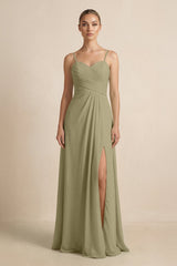 V - Neck A - Line Chiffon Pleated Bridesmaid Dress in Thyme - KissProm Bridesmaid Dresses