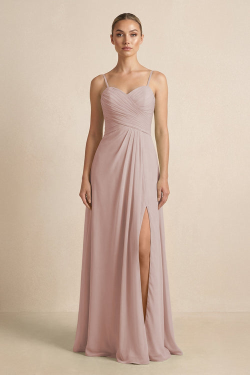 V - Neck A - Line Chiffon Pleated Bridesmaid Dress in Toffee - KissProm Bridesmaid Dresses