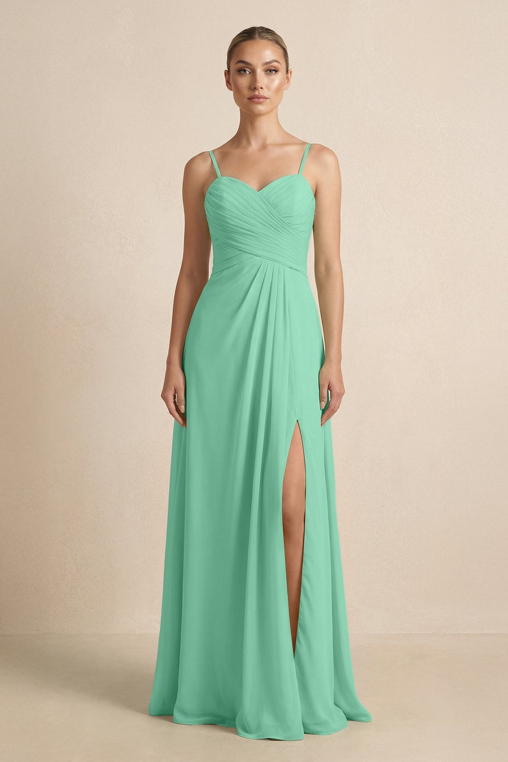 V - Neck A - Line Chiffon Pleated Bridesmaid Dress in Turquoise - KissProm Bridesmaid Dresses