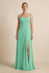 V - Neck A - Line Chiffon Pleated Bridesmaid Dress in Turquoise - KissProm Bridesmaid Dresses
