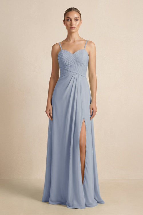 V - Neck A - Line Chiffon Pleated Bridesmaid Dress in Twilight - KissProm Bridesmaid Dresses