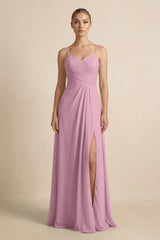 V - Neck A - Line Chiffon Pleated Bridesmaid Dress in Vintage Mauve - KissProm Bridesmaid Dresses