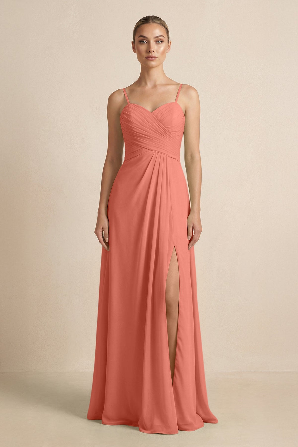 V - Neck A - Line Chiffon Pleated Bridesmaid Dress in Wild Rose - KissProm Bridesmaid Dresses