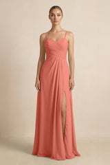 V - Neck A - Line Chiffon Pleated Bridesmaid Dress in Wild Rose - KissProm Bridesmaid Dresses