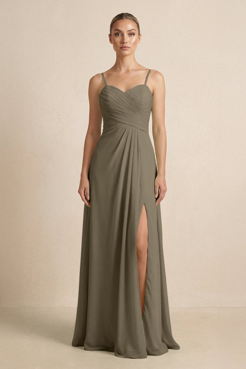 V - Neck A - Line Chiffon Pleated Bridesmaid Dress in Willow Green - KissProm Bridesmaid Dresses