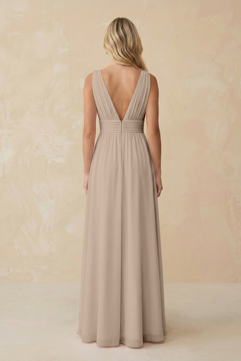 V - Neck A - Line Chiffon Ruched Bridesmaid Dress in Almond - KissProm Bridesmaid Dresses