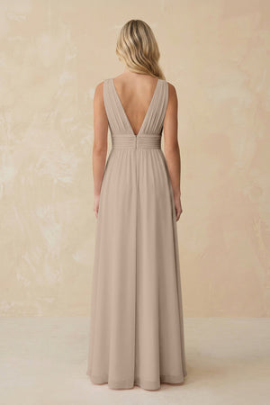 V - Neck A - Line Chiffon Ruched Bridesmaid Dress in Almond - KissProm Bridesmaid Dresses
