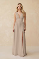 V - Neck A - Line Chiffon Ruched Bridesmaid Dress in Almond - KissProm Bridesmaid Dresses