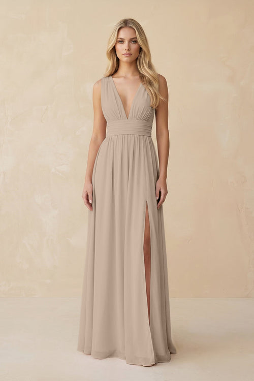 V - Neck A - Line Chiffon Ruched Bridesmaid Dress in Almond - KissProm Bridesmaid Dresses