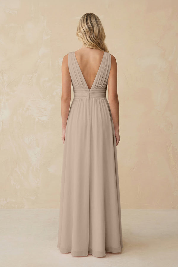 V - Neck A - Line Chiffon Ruched Bridesmaid Dress in Almond - KissProm Bridesmaid Dresses