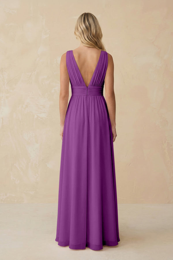 V - Neck A - Line Chiffon Ruched Bridesmaid Dress in Amethyst - KissProm Bridesmaid Dresses
