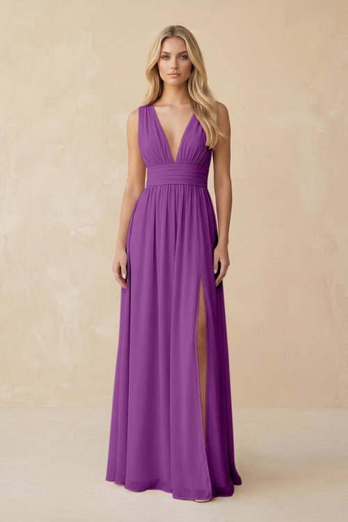 V - Neck A - Line Chiffon Ruched Bridesmaid Dress in Amethyst - KissProm Bridesmaid Dresses