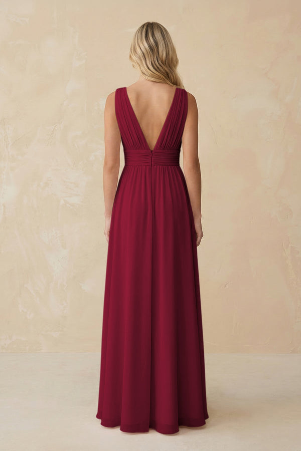 V - Neck A - Line Chiffon Ruched Bridesmaid Dress in Berry - KissProm Bridesmaid Dresses