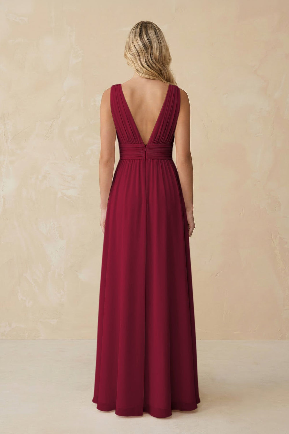 V - Neck A - Line Chiffon Ruched Bridesmaid Dress in Berry - KissProm Bridesmaid Dresses