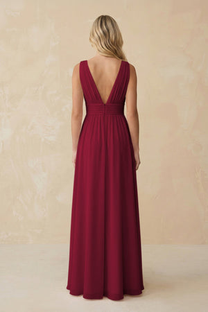 V - Neck A - Line Chiffon Ruched Bridesmaid Dress in Berry - KissProm Bridesmaid Dresses