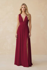 V - Neck A - Line Chiffon Ruched Bridesmaid Dress in Berry - KissProm Bridesmaid Dresses