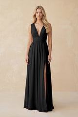 V - Neck A - Line Chiffon Ruched Bridesmaid Dress in Black - KissProm Bridesmaid Dresses