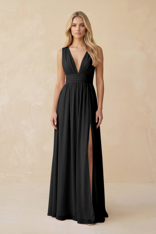V - Neck A - Line Chiffon Ruched Bridesmaid Dress in Black - KissProm Bridesmaid Dresses