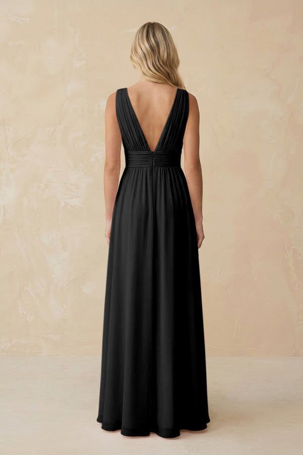V - Neck A - Line Chiffon Ruched Bridesmaid Dress in Black - KissProm Bridesmaid Dresses