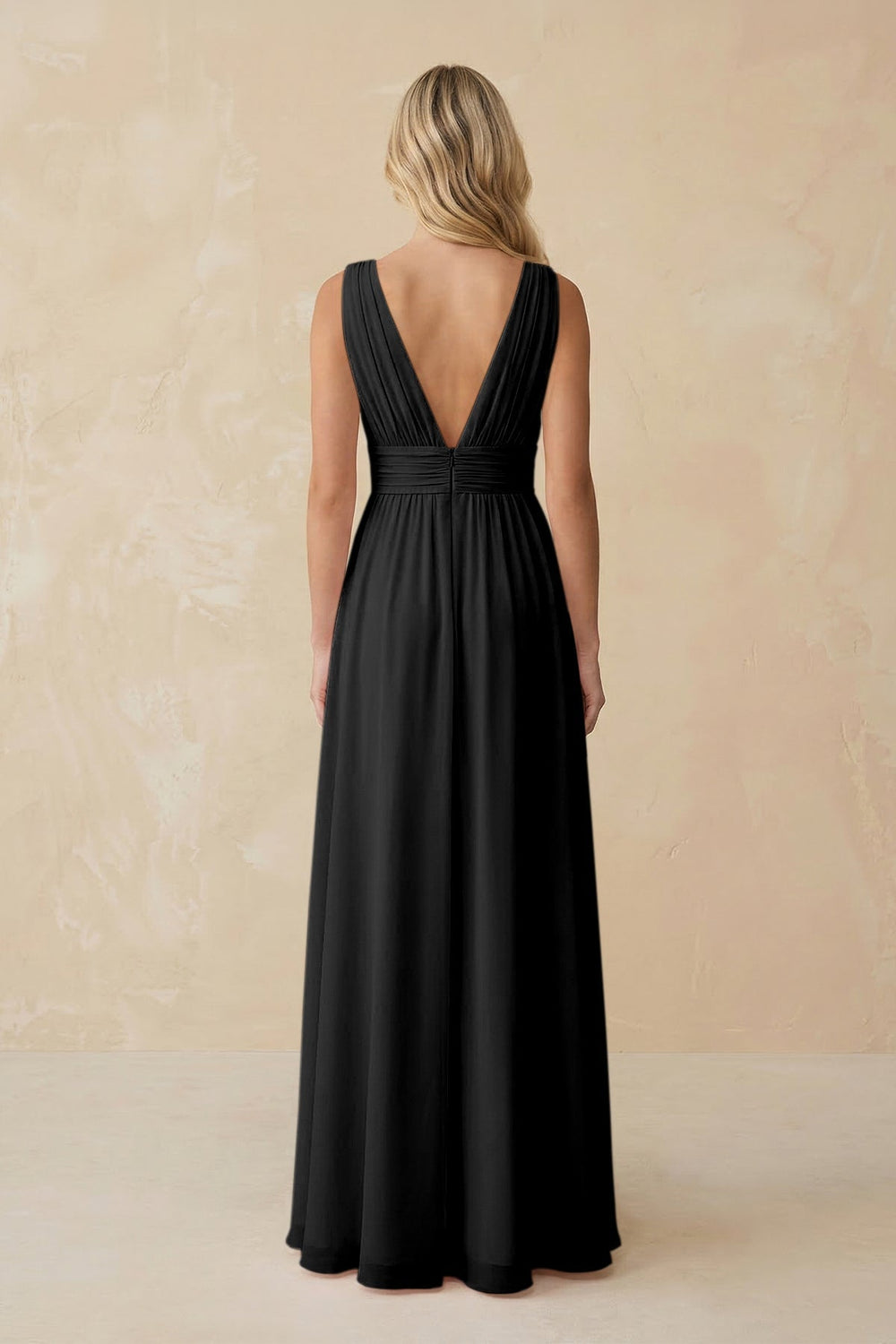 V - Neck A - Line Chiffon Ruched Bridesmaid Dress in Black - KissProm Bridesmaid Dresses