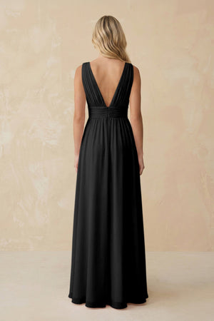 V - Neck A - Line Chiffon Ruched Bridesmaid Dress in Black - KissProm Bridesmaid Dresses