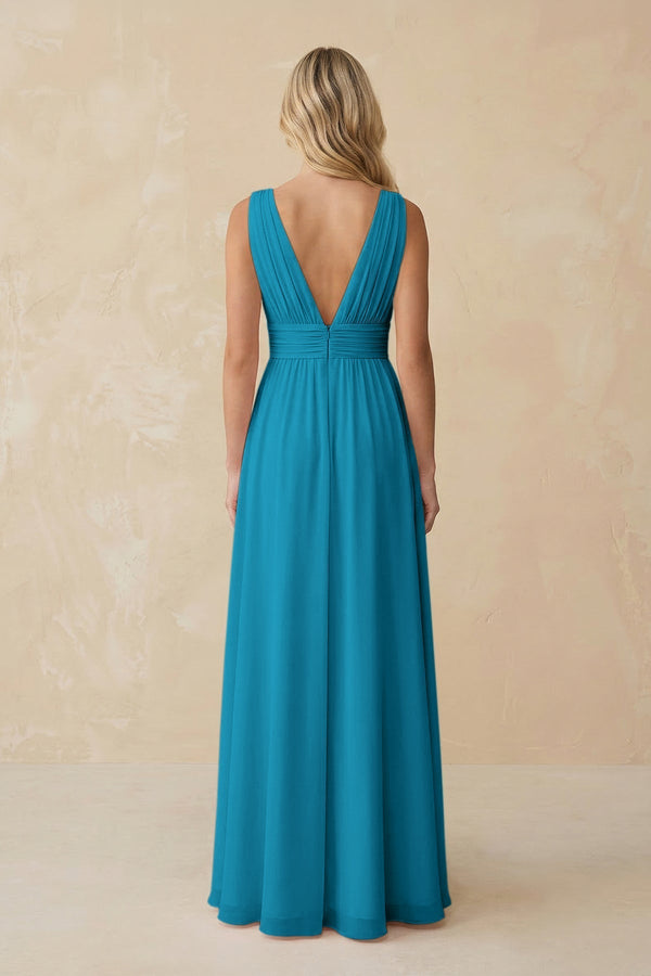 V - Neck A - Line Chiffon Ruched Bridesmaid Dress in Blue Jay - KissProm Bridesmaid Dresses