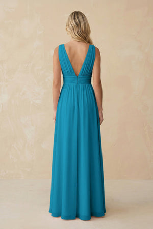 V - Neck A - Line Chiffon Ruched Bridesmaid Dress in Blue Jay - KissProm Bridesmaid Dresses