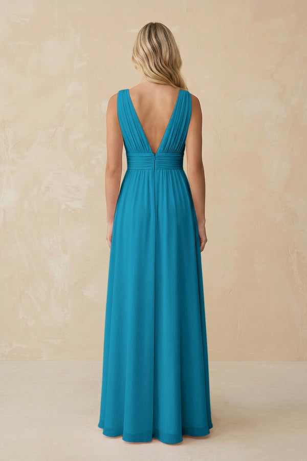 V - Neck A - Line Chiffon Ruched Bridesmaid Dress in Blue Jay - KissProm Bridesmaid Dresses