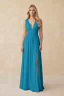 V - Neck A - Line Chiffon Ruched Bridesmaid Dress in Blue Jay - KissProm Bridesmaid Dresses