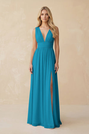 V - Neck A - Line Chiffon Ruched Bridesmaid Dress in Blue Jay - KissProm Bridesmaid Dresses
