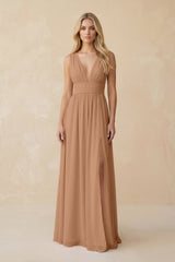 V - Neck A - Line Chiffon Ruched Bridesmaid Dress in Bronzer - KissProm Bridesmaid Dresses